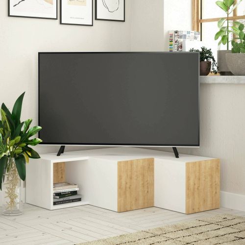Mobile porta TV Bliksem, Credenza da soggiorno, Armadio basso per TV, Base parete attrezzata, 90x92 h32 cm, Bianco e Quercia