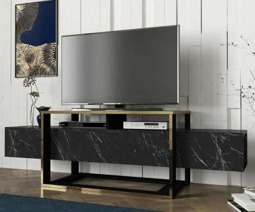 Mobile porta TV Callisto, Supporto per televisione da salotto, Credenza bassa da soggiorno, Base porta TV, 160x46h50 cm, Nero e Oro