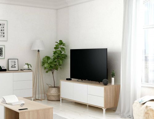 Mobile porta TV Cary, Credenza per televisione a 2 ante, Supporto TV da soggiorno, Mobile porta TV, Madia per salotto, 130x41h47 cm, Rovere e Bianco