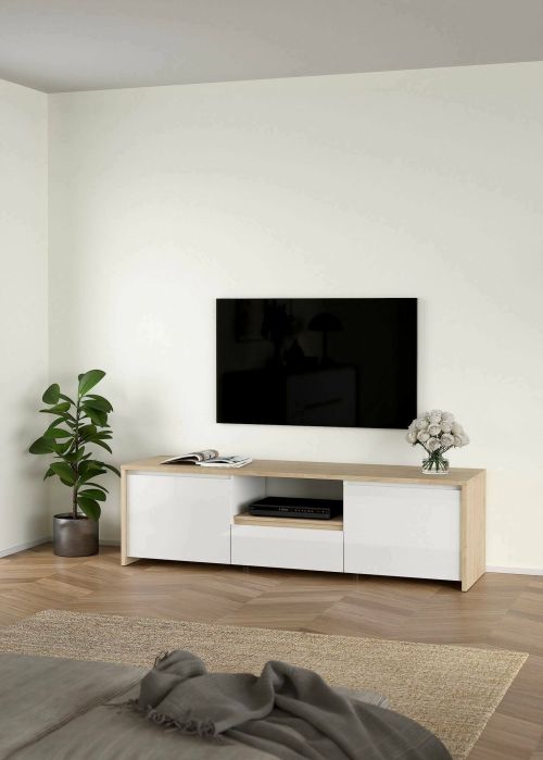 Mobile porta TV Catherine, Credenza da soggiorno, Armadio basso per TV, Base parete attrezzata, 48x179 h52 cm, Rovere e Bianco