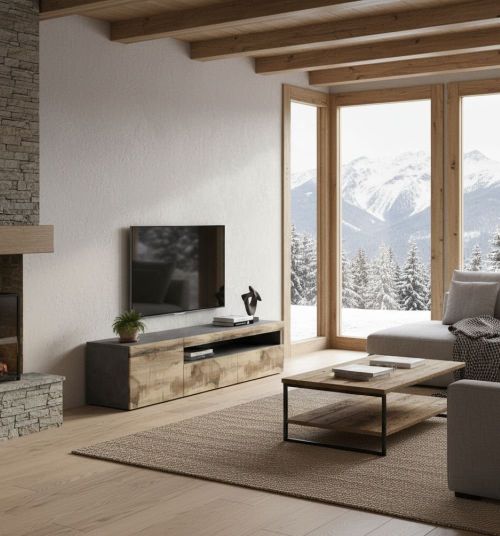 Mobile porta TV Claudio, Credenza bassa da soggiorno, Base porta TV, 100% Made in Italy, cm 150x40h37, Ardesia e Acero