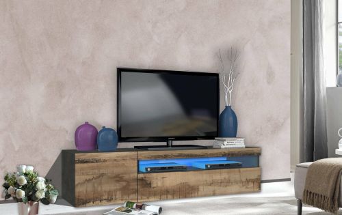 Mobile porta TV Claudio, Credenza bassa da soggiorno, Base porta TV, 100% Made in Italy, cm 150x40h37, Ardesia e Acero, con luce LED