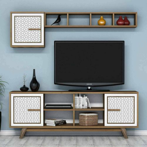 Mobile porta TV Diph, Supporto per televisione da salotto, Credenza bassa da soggiorno, Base porta TV, 160x35h56 cm, Noce e Bianco