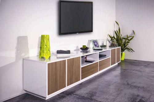 Mobile porta TV Dleott, cm 260x41h46, Bianco lucido e Noce