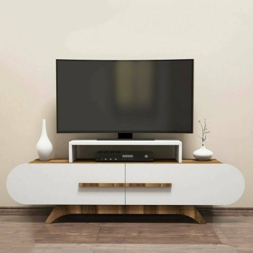 Mobile porta TV Dubh, Supporto per televisione da salotto, Credenza bassa da soggiorno, Base porta TV, 145x37h50 cm, Noce e Bianco