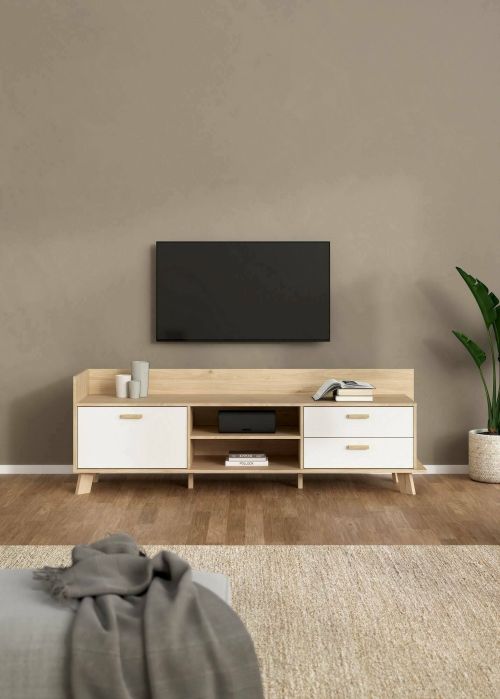 Mobile porta TV Eloise, Credenza da soggiorno, Armadio basso per TV, Base parete attrezzata, 51x182 h62 cm, Rovere e Bianco