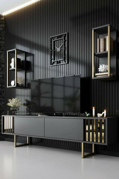 Mobile porta TV Eunomia, Supporto per televisione da salotto, Credenza bassa da soggiorno, Base porta TV, 180x30h48 cm, Antracite e Nero