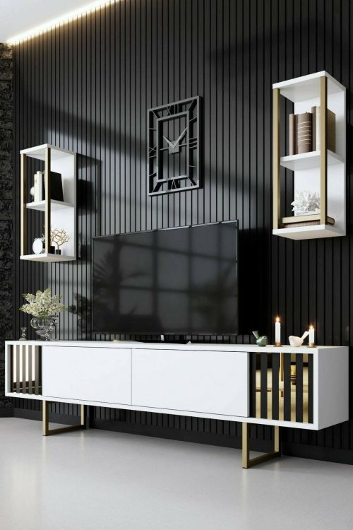 Mobile porta TV Eunomia, Supporto per televisione da salotto, Credenza bassa da soggiorno, Base porta TV, 180x30h48 cm, Bianco e Oro