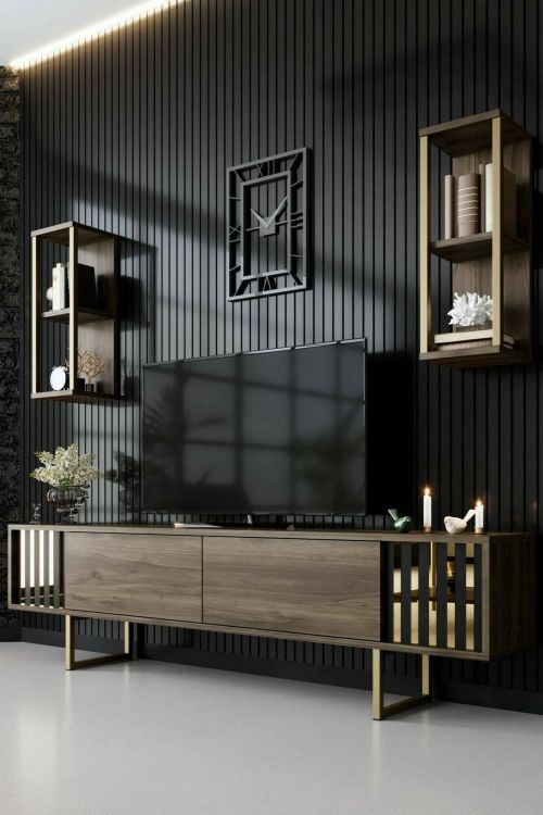 Mobile porta TV Eunomia, Supporto per televisione da salotto, Credenza bassa da soggiorno, Base porta TV, 180x30h48 cm, Noce e Nero