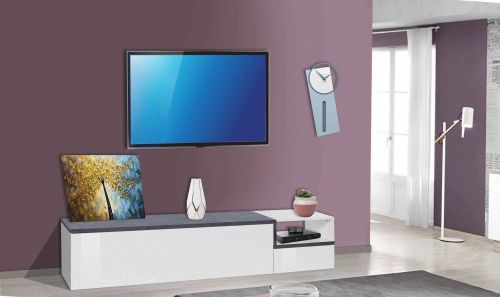Mobile porta TV Febe, cm 200x40h49, Bianco lucido e Ardesia