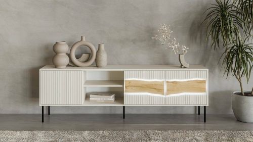 Mobile porta TV Feira, Madia da salotto con tre ante battenti e due vani, Con luci led, Rialzato da terra, 190x40 h62 cm, Beige e Rovere Nodi
