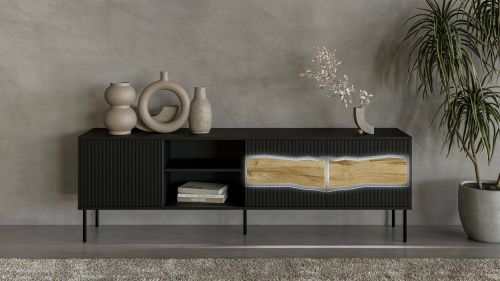 Mobile porta TV Feira, Madia da salotto con tre ante battenti e due vani, Con luci led, Rialzato da terra, 190x40 h62 cm, Nero e Rovere Nodi
