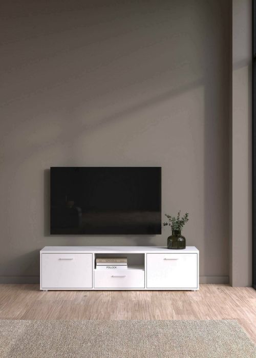 Mobile porta TV Fernande, Credenza da soggiorno, Armadio basso per TV, Base parete attrezzata, 40x147 h38 cm, Bianco