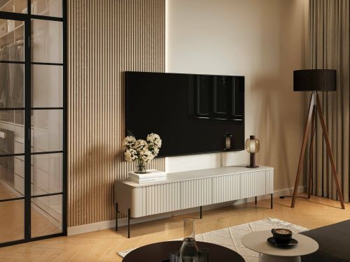 Mobile porta TV Fiaes, Madia da salotto con quattro ante battenti, Rialzato da terra, 190x40 h50 cm, Beige