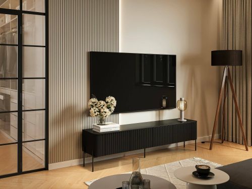 Mobile porta TV Fiaes, Madia da salotto con quattro ante battenti, Rialzato da terra, 190x40 h50 cm, Nero