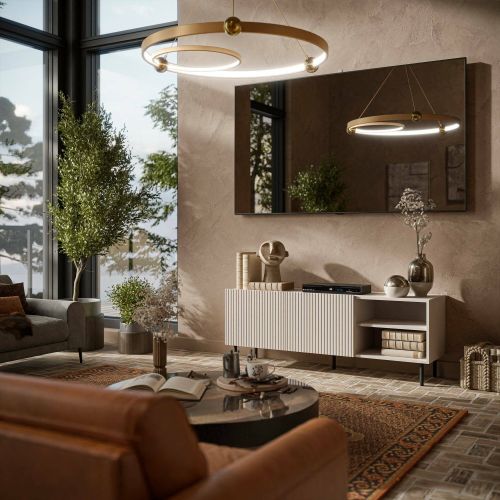 Mobile porta TV Gouveia, Madia da salotto con quattro ante battenti, Rialzato da terra, 150x42 h52 cm, Beige