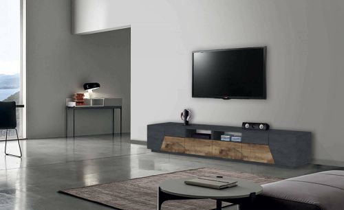 Mobile porta TV Gregorio, Credenza bassa da soggiorno a 4 ante, Base porta TV, 100% Made in Italy, cm 260x43h46, Ardesia e Acero