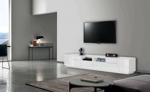 Mobile porta TV Gregorio, Credenza bassa da soggiorno a 4 ante, Base porta TV, 100% Made in Italy, cm 260x43h46, Bianco lucido