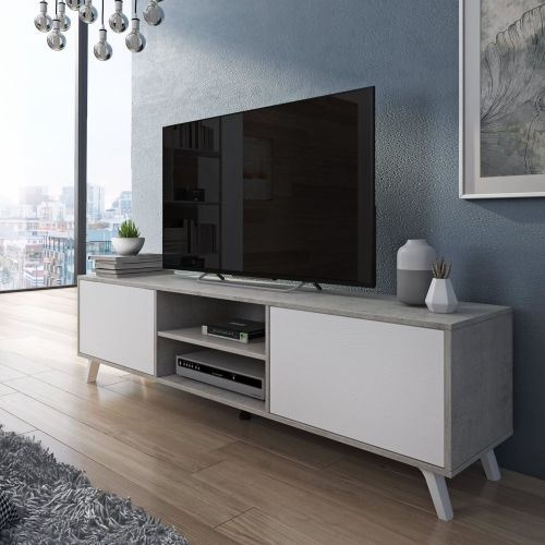 Mobile Porta tv Grigio Cemento Bianco Cassetti un Ripiano 180x40x49h cm, 2 Ante - Misinto