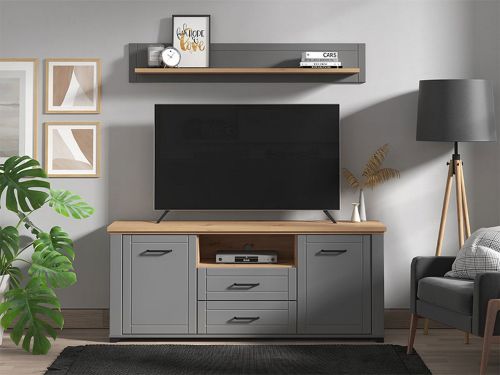 Mobile Porta tv Grigio Scuro Marrone Rovere Nodi 2 Cassetti 4 Ripiani 161x41x66.5h cm, Apertura Battente, Scorrevole - Rotondi