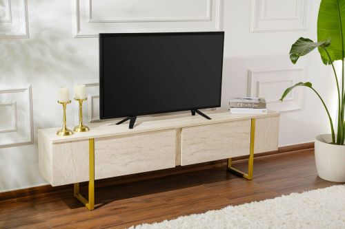 Mobile porta TV Gussola, Credenza da soggiorno, Armadio basso per TV, Base parete attrezzata, 180x30 h50 cm, Beige e Oro