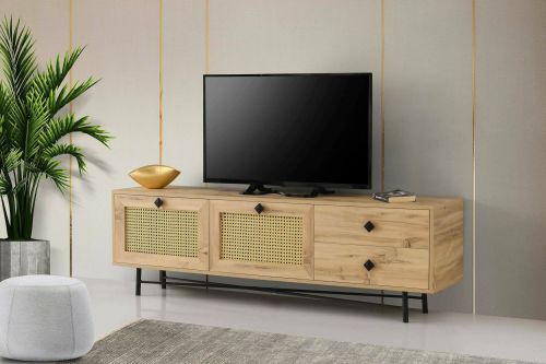 Mobile porta TV Hebe, Supporto per televisione da salotto, Credenza bassa da soggiorno, Base porta TV, Quercia e Nero, 180x40h60 cm