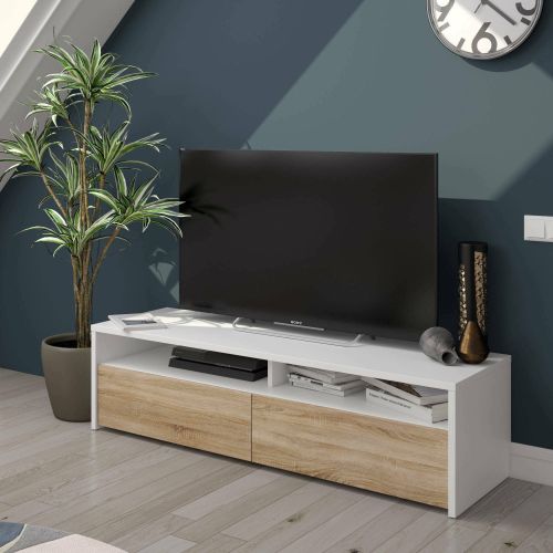 Mobile porta TV Henderson, Credenza per televisione da soggiorno con 2 ante, Supporto TV, Buffet moderno basso da salotto, 130x40h36 cm, Bianco e Rovere