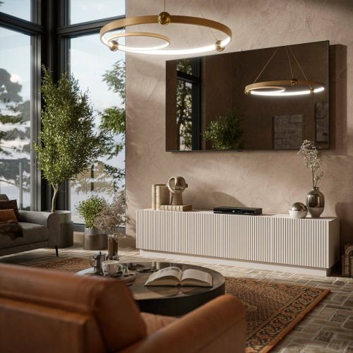 Mobile porta TV Horta, Madia da salotto con quattro ante battenti, Design minimal e moderno, 200x40 h48 cm, Beige