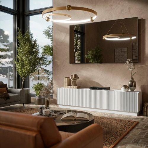 Mobile porta TV Horta, Madia da salotto con quattro ante battenti, Design minimal e moderno, 200x40 h48 cm, Bianco