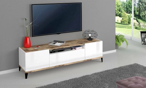 Mobile porta TV Ivan, Credenza bassa da soggiorno a 2 ante, Base porta TV, 100% Made in Italy, cm 160x40h47, Bianco lucido e Acero