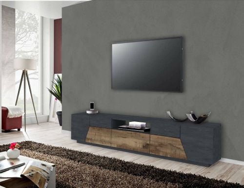 Mobile porta TV Jacopo, Credenza bassa da soggiorno, Base porta TV, 100% Made in Italy, cm 220x43h46, Ardesia e Acero