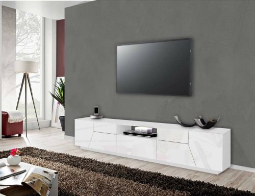 Mobile porta TV Jacopo, Credenza bassa da soggiorno, Base porta TV, 100% Made in Italy, cm 220x43h46, Bianco lucido