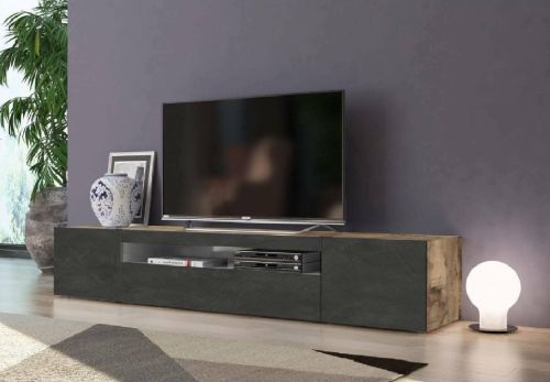 Mobile porta TV Jesse, Credenza bassa da soggiorno a 3 ante, Base porta TV, 100% Made in Italy, cm 200x40h37, Acero e Ardesia