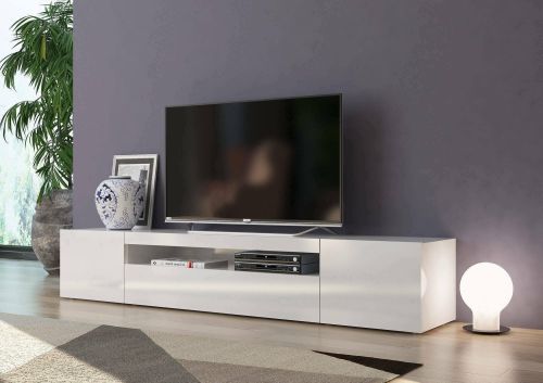 Mobile porta TV Jesse, Credenza bassa da soggiorno a 3 ante, Base porta TV, 100% Made in Italy, cm 200x40h37, Bianco lucido