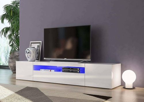 Mobile porta TV Jesse, Credenza bassa da soggiorno a 3 ante, Base porta TV, 100% Made in Italy, cm 200x40h37, Bianco lucido, con luce LED