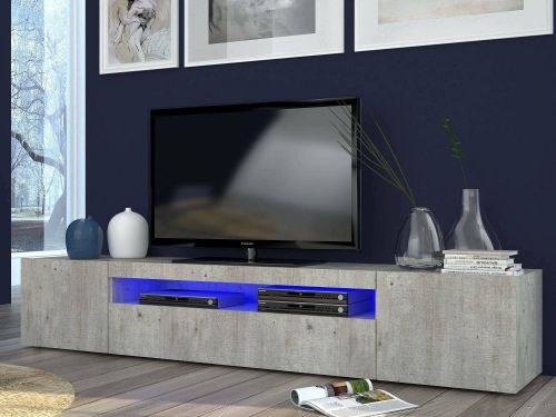 Mobile porta TV Jesse, Credenza bassa da soggiorno a 3 ante, Base porta TV, 100% Made in Italy, cm 200x40h37, Cemento, con luce LED