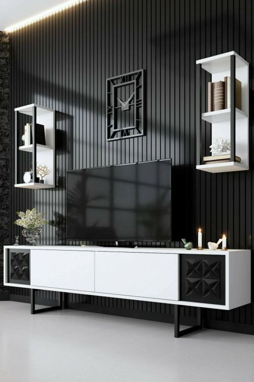 Mobile porta TV Kaus, Supporto per televisione da salotto, Credenza bassa da soggiorno, Base porta TV, 180x30h48 cm, Bianco e Nero