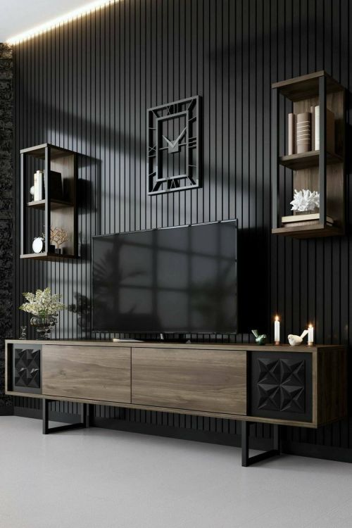 Mobile porta TV Kaus, Supporto per televisione da salotto, Credenza bassa da soggiorno, Base porta TV, 180x30h48 cm, Noce e Nero