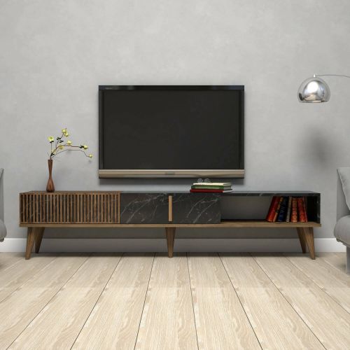 Mobile porta TV Kepler, Credenza da soggiorno, Armadio basso per TV, Base parete attrezzata, 180x35 h40 cm, Noce e Nero