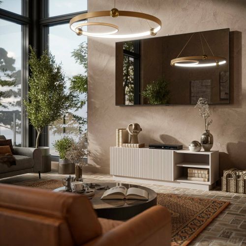 Mobile porta TV Lagoa, Madia da salotto con due ante battenti, Design minimal e moderno, 150x40 h48 cm, Beige