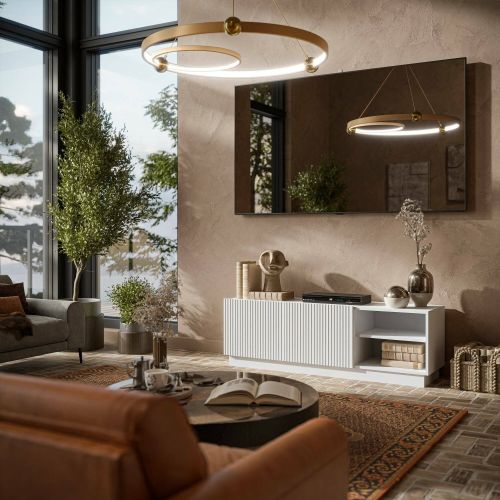 Mobile porta TV Lagoa, Madia da salotto con due ante battenti, Design minimal e moderno, 150x40 h48 cm, Bianco