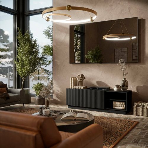 Mobile porta TV Lagoa, Madia da salotto con due ante battenti, Design minimal e moderno, 150x40 h48 cm, Nero