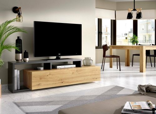 Mobile porta TV Maiella, Credenza bassa da soggiorno, Madia da salotto per televisione, 165x40h47 cm, Rovere Nodi e Antracite