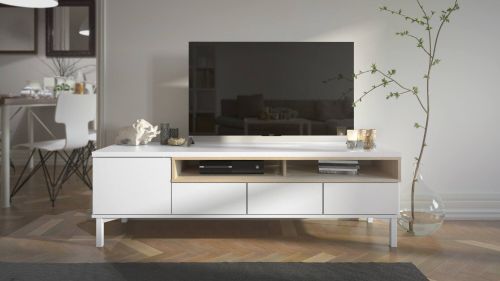 Mobile porta TV Margaux, Credenza da soggiorno, Armadio basso per TV, Base parete attrezzata, 48x156 h48 cm, Bianco e Quercia