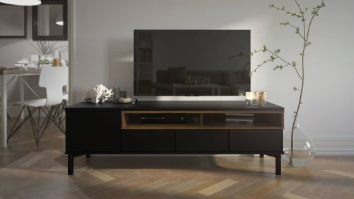 Mobile porta TV Margaux, Credenza da soggiorno, Armadio basso per TV, Base parete attrezzata, 48x156 h48 cm, Nero e Noce