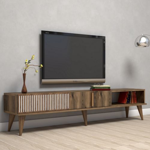 Mobile Porta tv Marrone Noce Bianco 2 Ante Apertura a Ribalta 180x35x40h cm, 3 Vani - Ofena