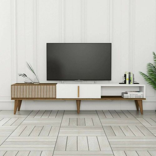 Mobile Porta tv Marrone Noce Bianco un Ripiano 3 Ante 180x35x40h cm, 2 Vani - Aquila
