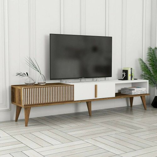 Mobile Porta tv Marrone Noce Bianco un Ripiano 3 Ante 180x35x40h cm, 2 Vani - Jakuchu