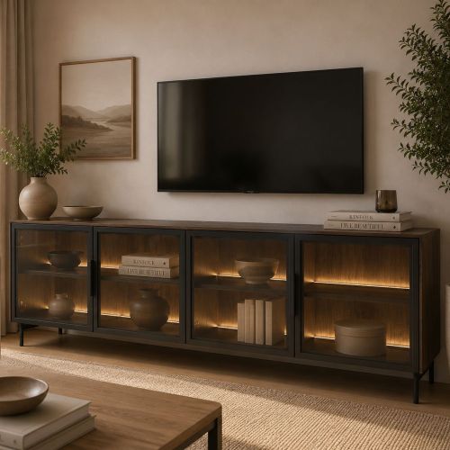 Mobile Porta tv Marrone Noce Nero 3 Ripiani 4 Ante 181x39x62h cm, con led - Kalerora
