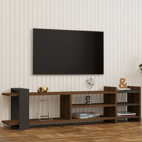 Mobile Porta tv Marrone Noce Noce Antracite 2 Ripiani 5 Vani 156x30x40h cm, Peso Supportato 40 kg - Zubiena